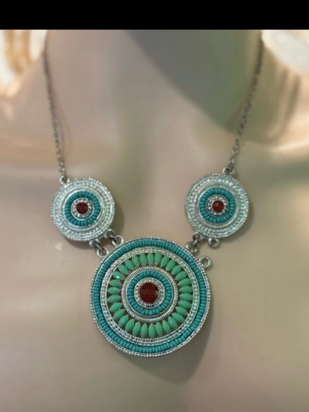 Statement Beaded Mandala Necklace with Turquoise & Red Accents